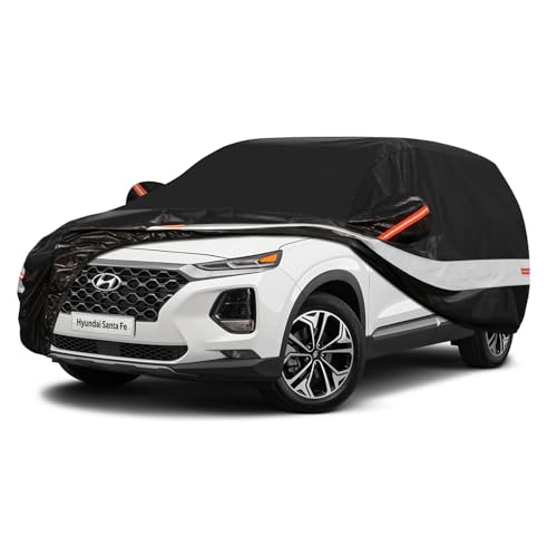 Image of Holhtly Car Cover Custom Fit for Hyundai Santa Fe, Car Covers for Automobiles All Weather Waterproof Sun Snow Rain Wind Dust Protection, Outdoor Car Cover Black & Grey