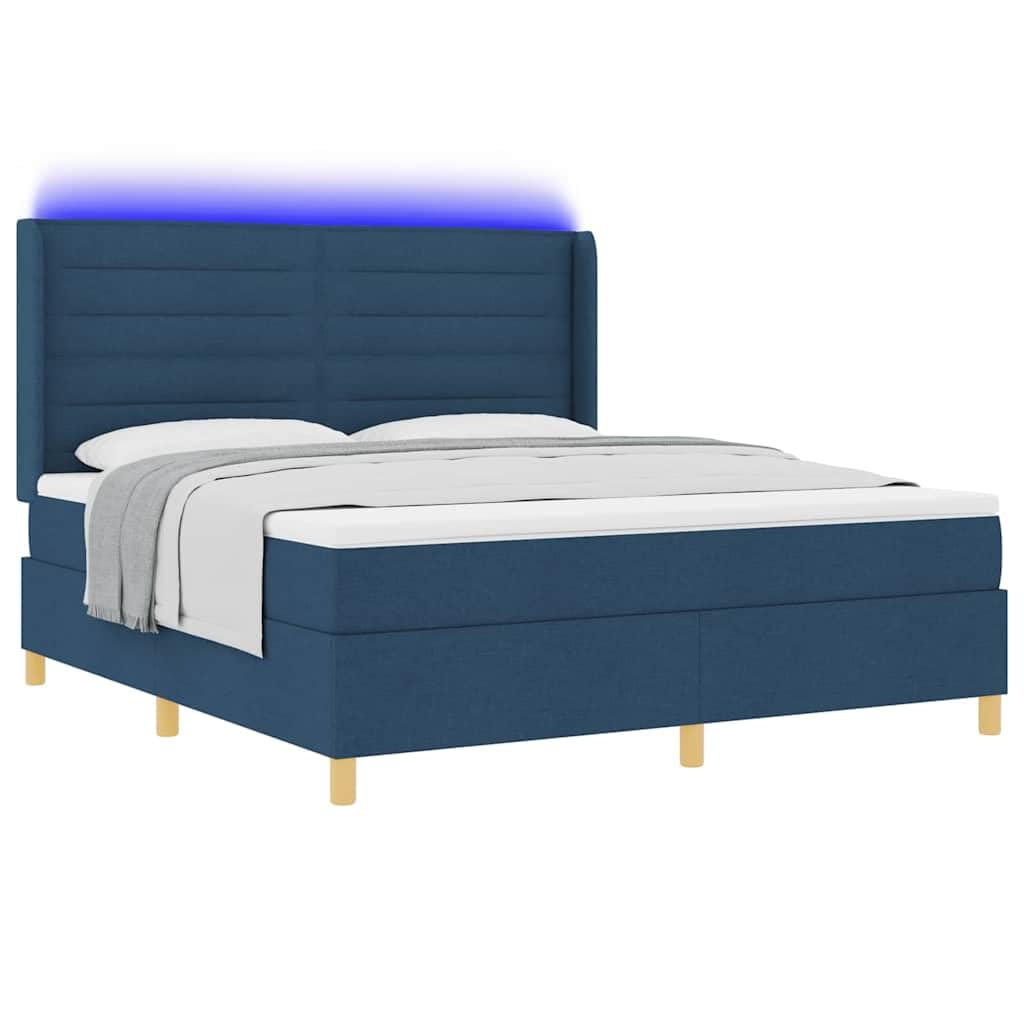 Cama con somier con tiras de luz LED, azul, 180 x 200 cm, tejido ajustable, cabecero de cama de resistencia media, somier de lamas, alimentado por USB, estructura de madera estable, cama de