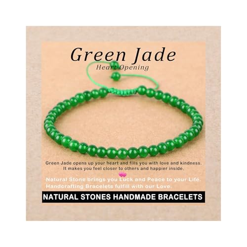 AD Beads 4mm Green Jade Bracelet - Stone of Heart Opening - Handmade Natural Stone Crystal Bracelet with Adjustable Macrame String - Yoga Healing Power Energy Gifts for Men and Women