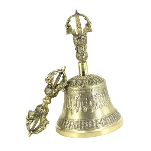 FUTUREORYY Campana de Mano de Latón Vajra Budista Grande Campana Artesanal con Mango Desmontable Sonido para Oración y Ritual Tibetano