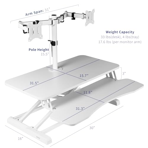 Image of VIVO Height Adjustable 32 inch Standing Desk Converter with Dual 13 to 30 inch Monitor Stand, Sit Stand Monitor Mount and Desk Riser, White, DESK-V000K-M2W