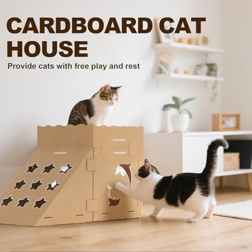 Image of DIY Cardboard Cat House with Scratching Pad, Cat Tower Indoor Play House, Versatile Cardboard Cat Tunnel Box for One or More Pets, Indoor Use Rabbit Hideout Cave Castle Brown, 3 Parts