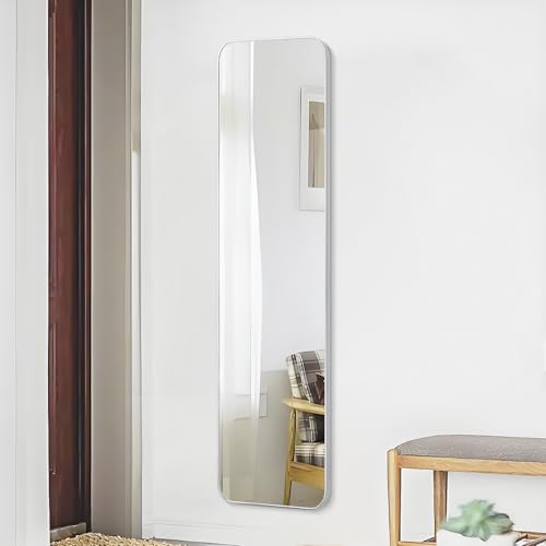 Image of 57x16 Door Hanging Full Length Mirror, Floor (Height 5.7ft just Body in 1.3ft) or Wall Mounted Metal Frame Rectangle Dressing Mirrors for Bathroom Bedroom Living Room 57 inch Silver