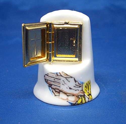 Porcelain China Collectible Thimble - Praying Hands Holy Bible (Opens)