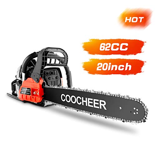 COOCHEER 20'' Chainsaw 62CC 2-Stroke Gas Powered Chain Saws with 2 Chains, Tool Kit, Carring Bags for Cutting Trees, Wood