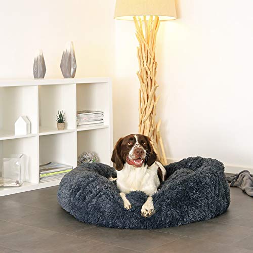 lionto Donutbett für Hunde und Katzen, Flauschiges Hundebett rund für kleine und große Heimtiere, Ø 100 cm, weiches Katzenbett aus kuscheligem Plüsch, Hundekissen mit extra Dicker Füllung, dunkelgrau