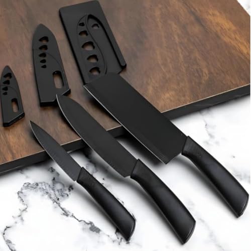 Image of PARYO 3 Pcs Kitchen Knife Set with Protective Covers, Stainless Steel Blades Non-Slip Handle, Multipurpose Vegetable, Fruit & Food Cutting Knives for Home Kitchen and Restaurant Use (ONLY Knife Set)
