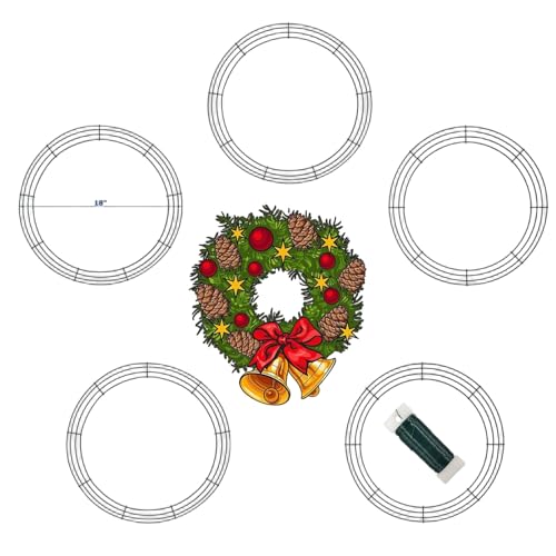 18 Inch Christmas Green Wire Wreath Frame 5 Pack Metal Front Door Wreath Round Form Iron Ring for Christmas New Year Decors Crafts DIY Holidays Events