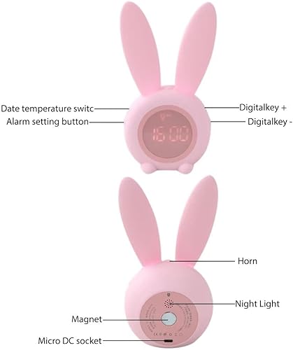 Miniatura 2 de Reloj despertador para niños con luz nocturna, lindo conejo, mesa de oído, reloj digital LED, entrenador de sueño para niños y niñas dormitorio