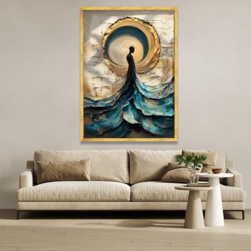 Tableau abstrait bleu et or 30x40 cm silhouette moderne pour mur