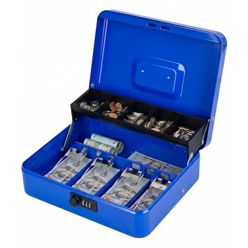 Image of KYODOLED Metal Cash Box with Combination Lock & Spring-Loaded Bill Clips, 5-Compartment Cantilever Coin Tray, Portable Safe for Yard Sales /Craft Fairs /Small Businesses, 11.81 inchx9.45 inchx3.54 inch, Blue