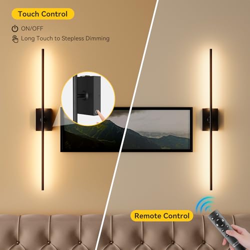Image of Ouyulong Battery Operated Wall Sconces Set of 2, 10000mAh Wireless Rechargeable 3000-6000K Dimmable 350 Rotate Wall Light with Remote for Living Room, Bedroom 27.6in Black