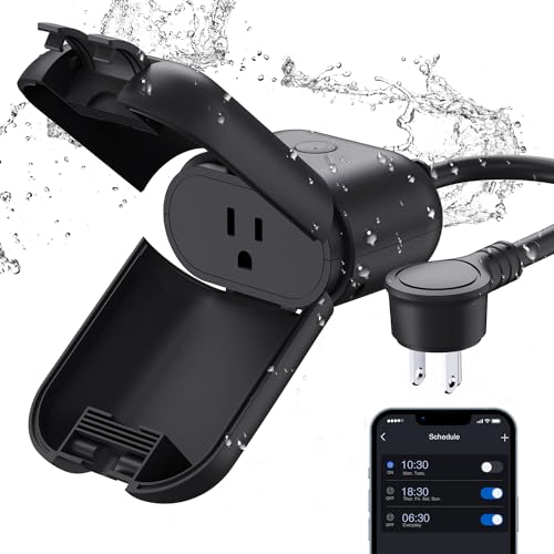 ELEGRP PQR10 Outdoor Smart Plug Waterproof IP66, WiFi Plug Compatible with Alexa &amp; Google Assistant, Smart Outdoor Outlet for String Lights, No Hub Required, 1875 Max, UL Certified, 1 Pack, Black