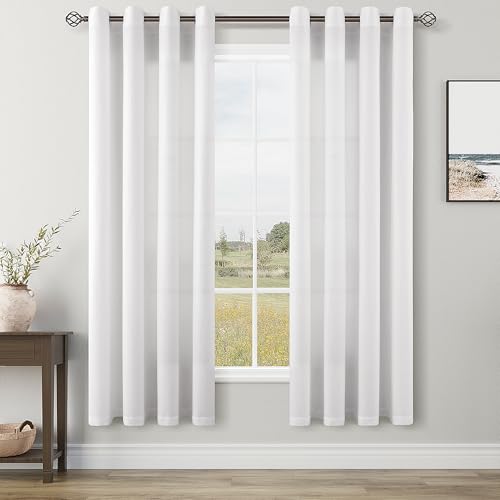 Image of White Linen Curtains 78 Inches Long for Living Room Bedroom 2 Panels Set Grommet Top Sunlight Filtering Semi Sheer Curtain Modern Farmhouse Privacy Soft Cozy Drapes for Dining Room Windows 52x78