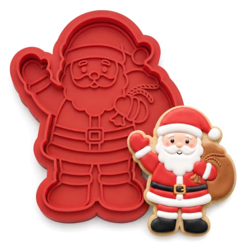 Christmas Cookie Cutters Santa Shape 3D Printed PLA Fondant Cutter with Embosser Stamp 3 Inch Xmas Holiday Baking Mold for Decorating Stocking Stuffers Party Favors