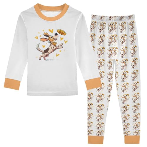 Cartoon Pajamas Set Dog Paly Love Yellow Heart Long Sleeve PJs Cotton Jammies Sleepwear Top and Pants