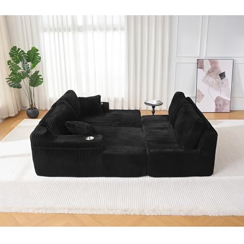 Image of 130 inch Modular Sectional Sleeper Sofa, Modern Cloud Sectional Sofa Couch with Cupholders and Storage, U Shape Boneless Couches for Living Room, Free Combination, No Assembly Required,Black