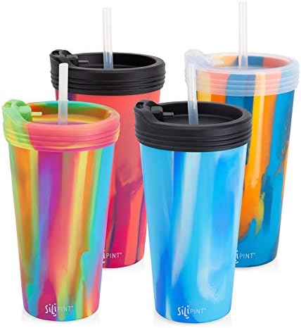 Silipint 22-Ounce Silicone Tumbler Cups with Lids and Straws, Unbreakable, Reusable, and Versatile Cups for Travel, Hiking, Camping, Sports, and Outdoors, Tie-Dye Variety, Pack of 4