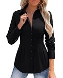siliteelon Button Down Shirts for Women Cinched Waist Dress Shirt Cotton Long Sleeve Business Casual Work Office Blouse Black