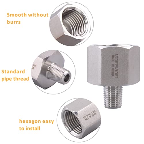 Image of Forged Reducer Adapter Fitting - Stainless Steel 304 Reducing Pipe Connector, 1 /2 inch NPT Female x 1 /8 inch NPT Male (pack of 2)