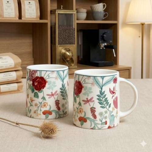 Image of Alive Multi Color Flowers Tea /Coffee Mug Set of 2 (300 ml) | Microwave & Dishwasher Safe |Premium Ceramic Mugs for Home, Office & Gifting