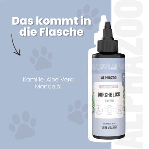 alphazoo Durchblick Augenpflege für Katzen 100ml – mit Mandelöl, Aloe Vera & Kamille. Sanfte, alkoholfreie Pflege zur Reinigung empfindlicher Augenpartien. Unterstützt Hygiene & Wohlbefinden