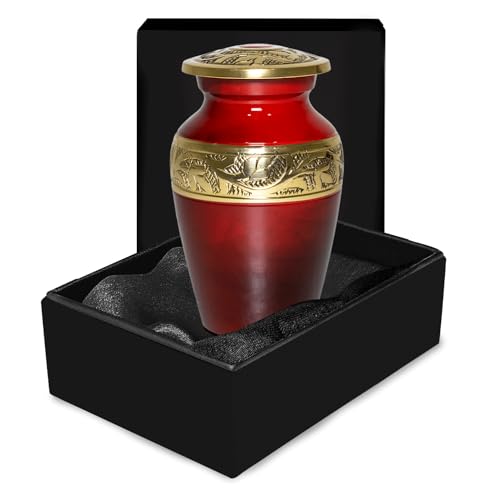 Small Urns for Human Ashes Keepsake, 2.9 Inch – Handcrafted Red Memorial Urn with Brass Accent – Mini Remembrance Urn for Sharing Ashes