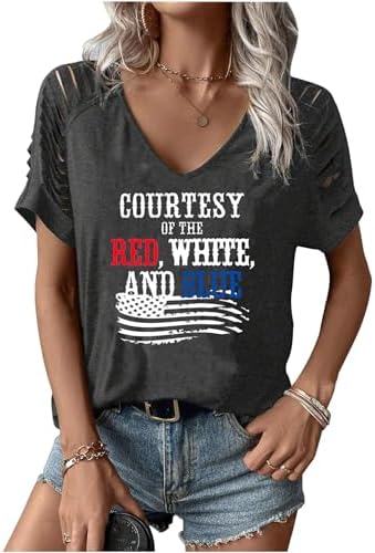 Women's 4th of July Flag Shirt Vintage V Neck 1776 Patriotic T-Shirt USA 250 Anniversary Top Graphic Tee Freedom Day
