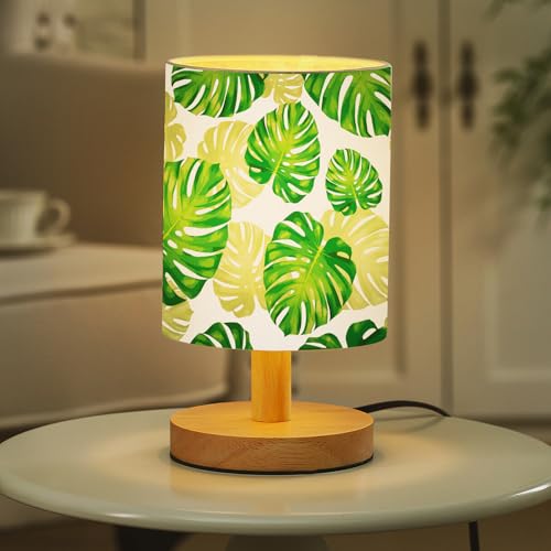 VIHOSE Jungle Animal Table Lamp Bedside Table Lamp Monstera Palm Leaves Vintage Nightstand Light with Linen Fabric Shade Solid Wood Base Decoration for Living Room Bedroom Desk Dorm