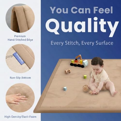 Image of Baby Play Mat for Floor,1.3 inch Thick Memory Foam Tummy Time Mat,Soft Coral Velvet Nursery Rug,Extra Large Non Slip Crawling Mats for Living Room(Light Brown)