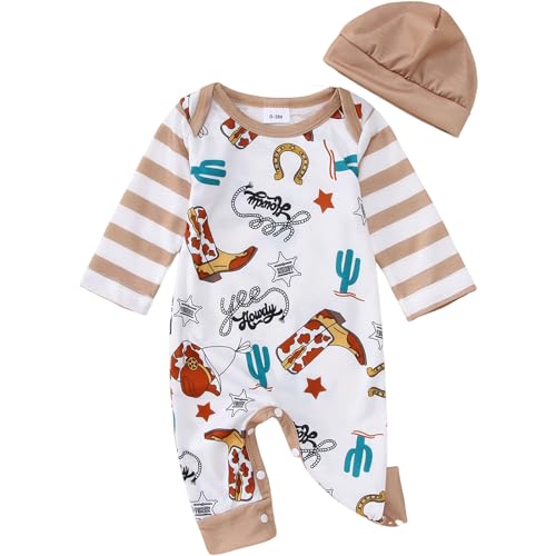 Image of BOUTIKOME Infant Baby Boy Outfit Retro Cowboy Partner Howdy Graphic Rompers Newborn Onesie Jumpsuit Hat 2Pcs Set