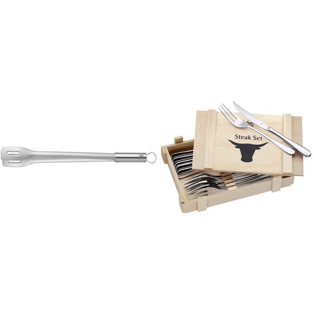 WMF BBQ Grillzange lang 44 cm, Cromargan Edelstahl & Steakbesteck 12-teilig, Steakbesteck Set für 6 Personen, Steakmesser, Steakgabel, Cromargan Edelstahl poliert, Grillbesteck in Holzkiste