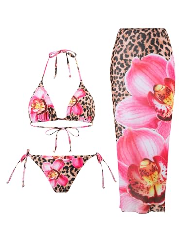 SHENHE Women's 3 Piece Cheetah Bikini Set Floral Triangle Halter String Swimsuits with Cove Up