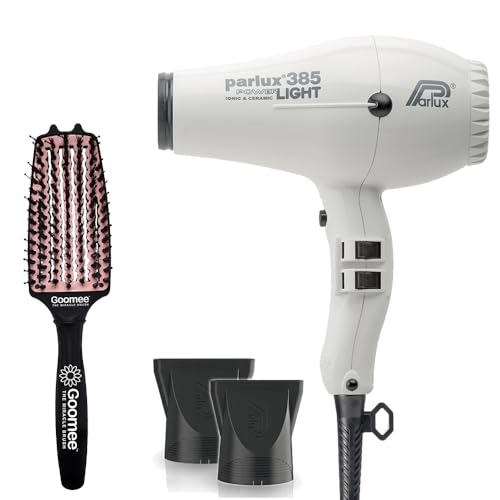 Parlux 385 Powerlight Ionic and Ceramic White Hair Dryer with Miracle Detangling Brush Medium Size Nylon & Boar Bristles for All Hair Types Blush Pink