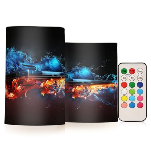 Violin-fire Print Flameless Pillar Plastic Led Candles, Battery Operated with Remote/Timer Color Changing Soft Light, Set of 2 for Festival, Wedding,Home Party Decor