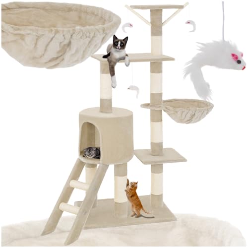 Tectake® Arbre à Chat Griffoir 144cm - Maison Intérieure avec Grattoir, Rampe, Couchage, Hamac, Échelle et Lit - Jeux pour Appartement - Souris de Jeu Incluse