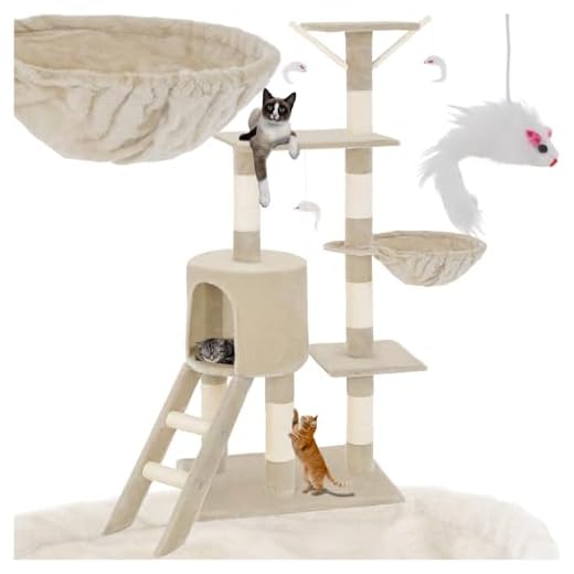 Tectake® Arbre à Chat Griffoir 144cm - Maison Intérieure avec Grattoir, Rampe, Couchage, Hamac, Échelle et Lit - Jeux pour Appartement - Souris de Jeu Incluse