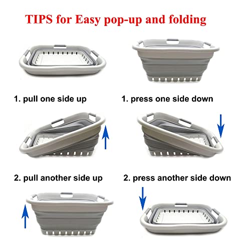 SAMMART 41L Collapsible 3 Handled Plastic Laundry Basket - Foldable Pop Up Storage Container/Organizer - Portable Washing Tub - Space Saving Hamper/Basket (3 rechteckig behandelt, Grau/Grau)