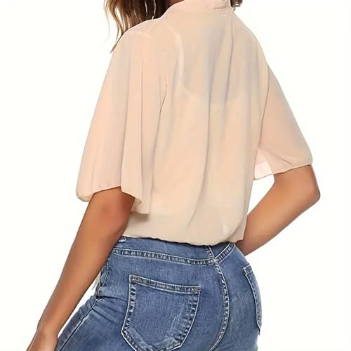Image of Women's Chiffon Cropped Bolero Sheer Shrugs for Dress Short Sleeve Tie Front Cardigan