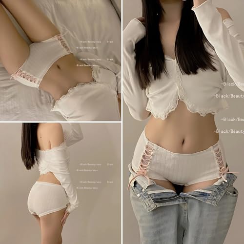 Breathable Cotton Underwear for Teen Girls Cute Bow Tie Panty Set Japanese Style Frill Trim Mid Waist Brief4