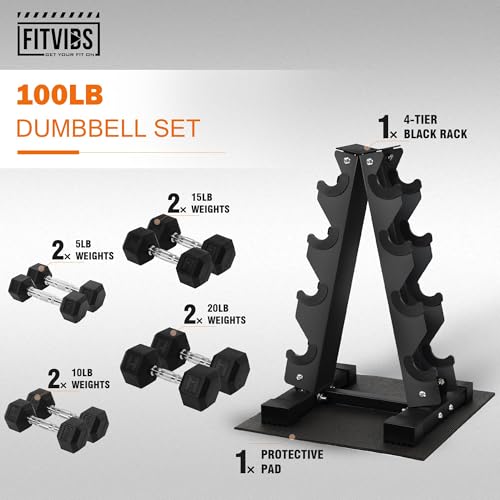 Image of Fitvids 100 LB Rubber Coated Hex Dumbbell Set with Storage Rack, 5-25LB Hand Weight Set with Anti-Slip Grip for Home Gym