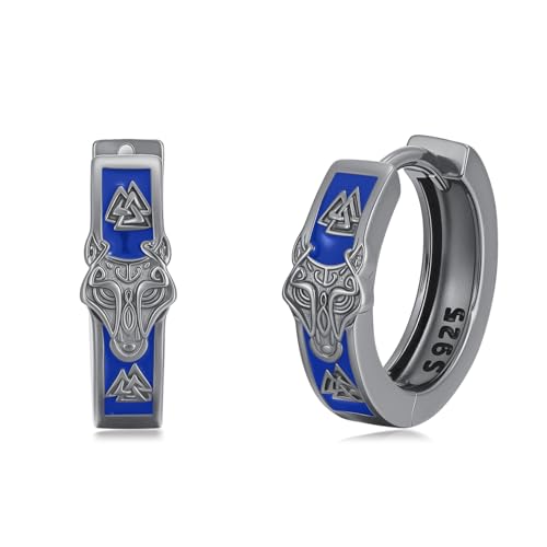Pendientes de lobo vikingos de plata 925 negros con aros celtas para hombres y mujeres unisex