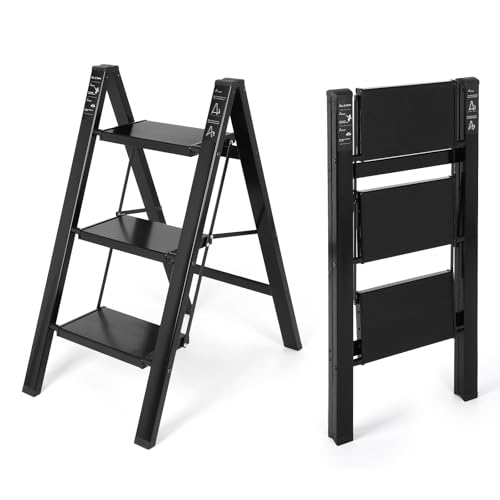 GCCSJ 3 Step Ladder, Aluminum Folding Step Stool with Anti-Slip Sturdy and Wide...