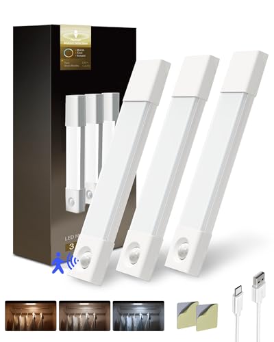EZVALO Schrankbeleuchtung 20CM*3 Stück,30 LED Schrankleuchte Led mit Bewegungsmelder, Unterbauleuchte Küche LED mit 3 Farbtemperaturen Dimmbar Wiederaufladbar für Kleiderschrank, Küche, Treppe