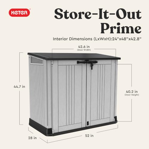 Image of Keter Store-It-Out Prime 4.3 x 3.7 ft. Outdoor Resin Storage Shed with Easy Lift Hinges, Perfect for Yard Tools, Pool Toys and Garden Accessories, Grey