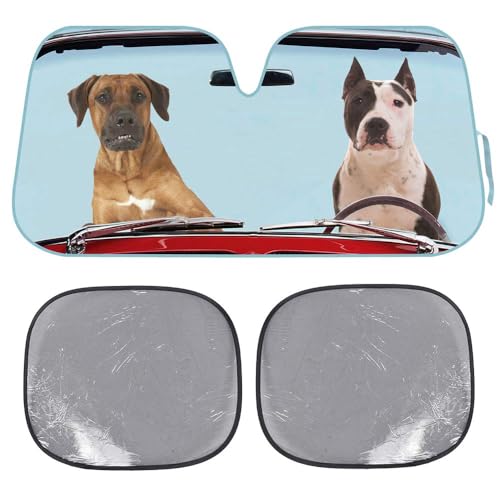 BDK 2 Dogs Auto Windshield Sun Shade w/Side Sunshades for Car SUV Truck - Pet Pals - Double Bubble Foil Jumbo Folding Accordion