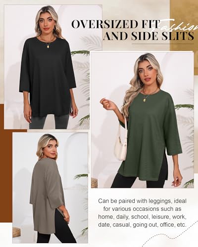 3 Pack Women's 3/4 Sleeve Waffle Knit Tops Oversized Crewneck T-Shirts Loose Casual Blouses Side Split Tees2