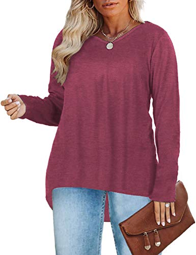 DOLNINE Plus Size Shirts for Women Long Sleeve V Neck Tops Wine Red 24W