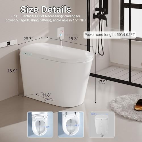 Image of Smart Bidet Toilet w /Tank Heated Seat Cleaner Tablets Auto Flush /Lid&Seat | Foot Sensor UV-C light Electric Modern One Piece Toilet with Dryer LED Display Siphon Flush 1.28 GPF MAP 1000g