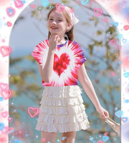 Image of Tkria Girl Crop Tops Valentine Short Sleeve Tshirt Tie Dye Heart Teen Girls Shirt Clothes 6-14 Years